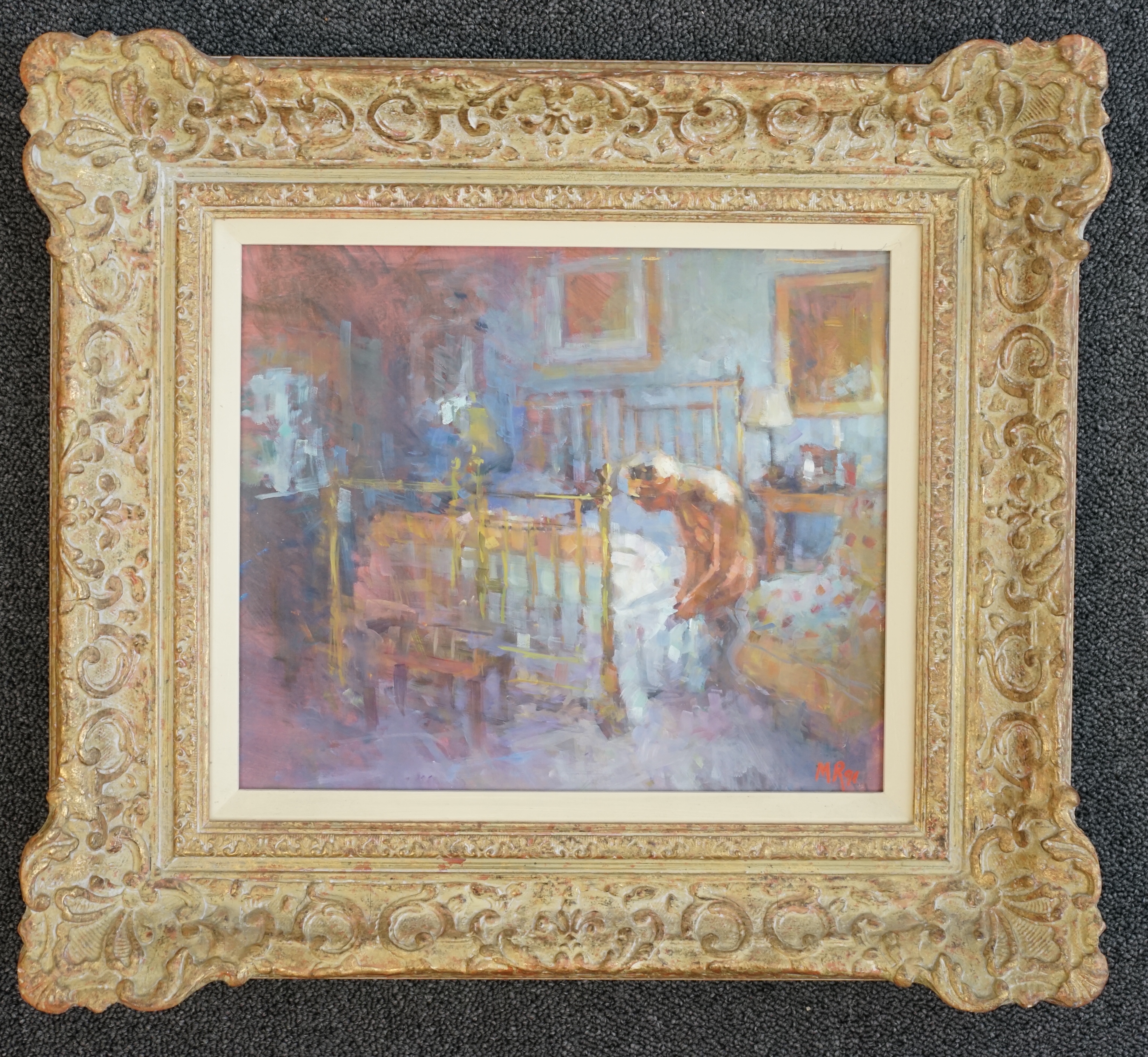 Mark Rowbotham (1959-), oil on board, Bedroom interior with female nude, initialled and dated '91, 25 x 30cm
